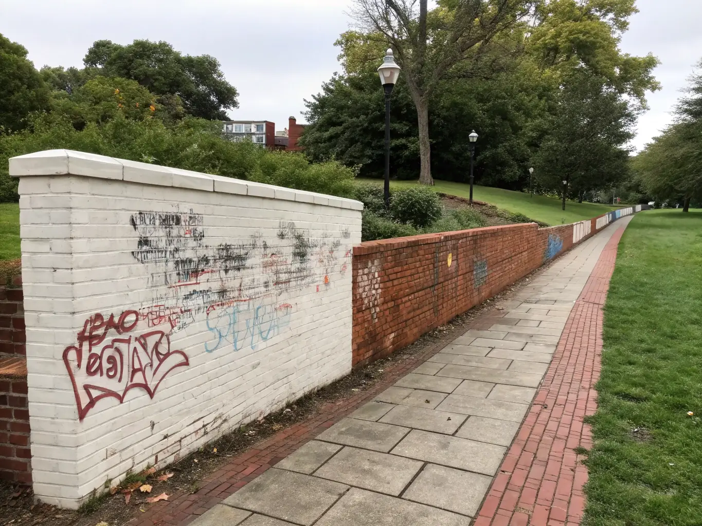 A close-up shot of a clean, graffiti-free wall in a community park after being power washed, demonstrating the removal of unwanted markings.