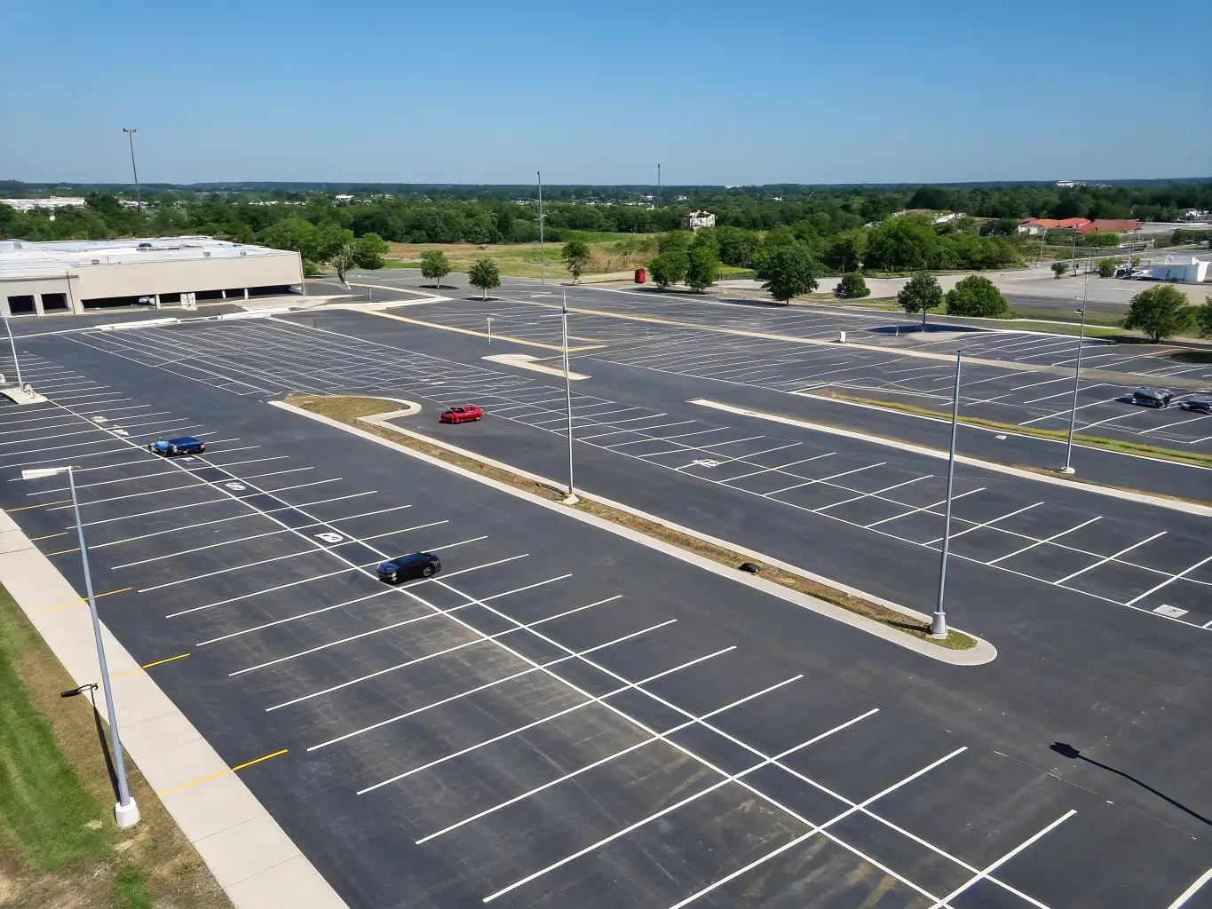 An aerial view of a spotless parking lot after a thorough power washing session, highlighting the removal of oil stains and debris.