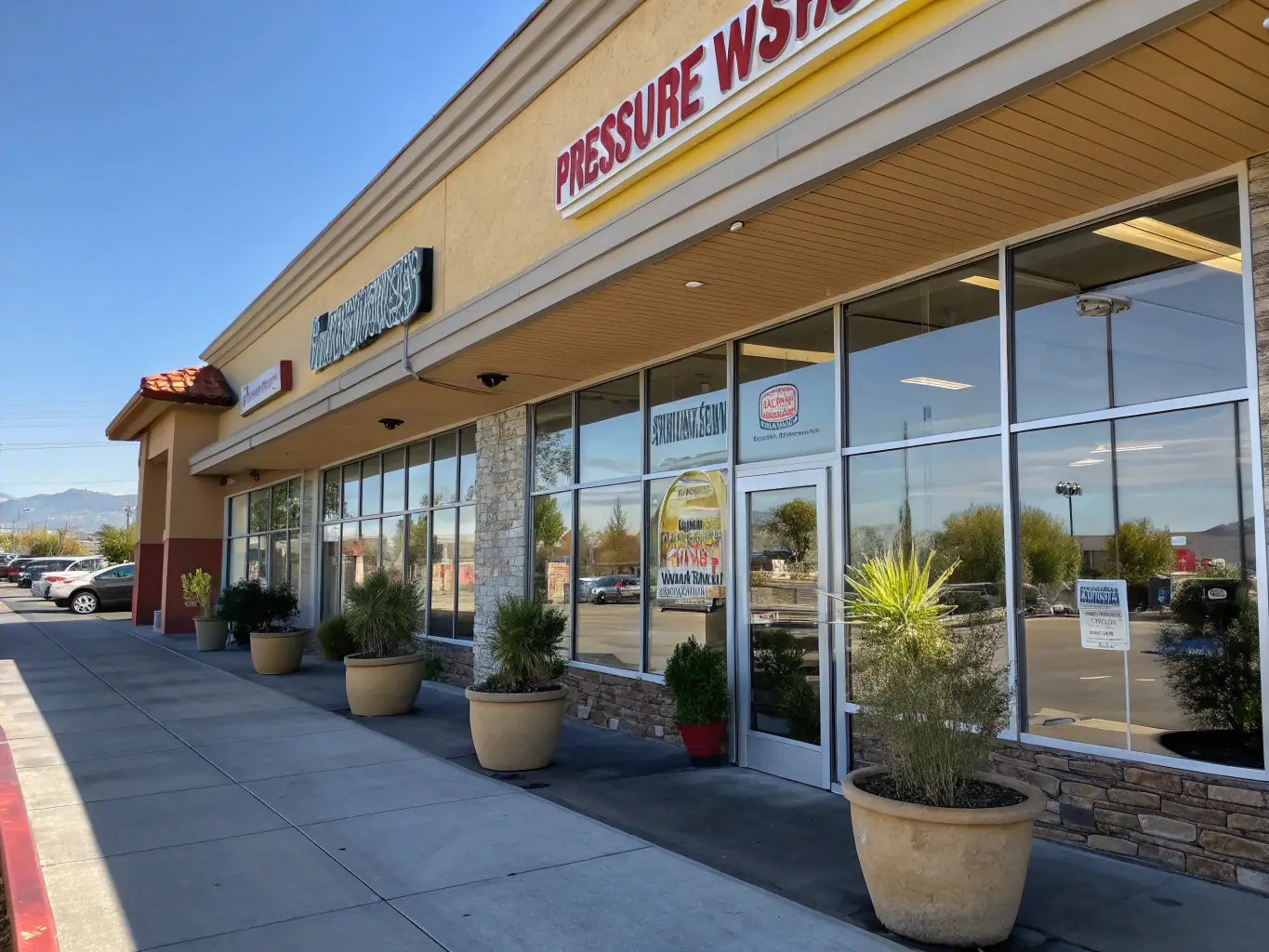 A wide shot of a clean, freshly power-washed storefront of a local business in San Antonio, Texas, showcasing a clean and inviting entrance.
